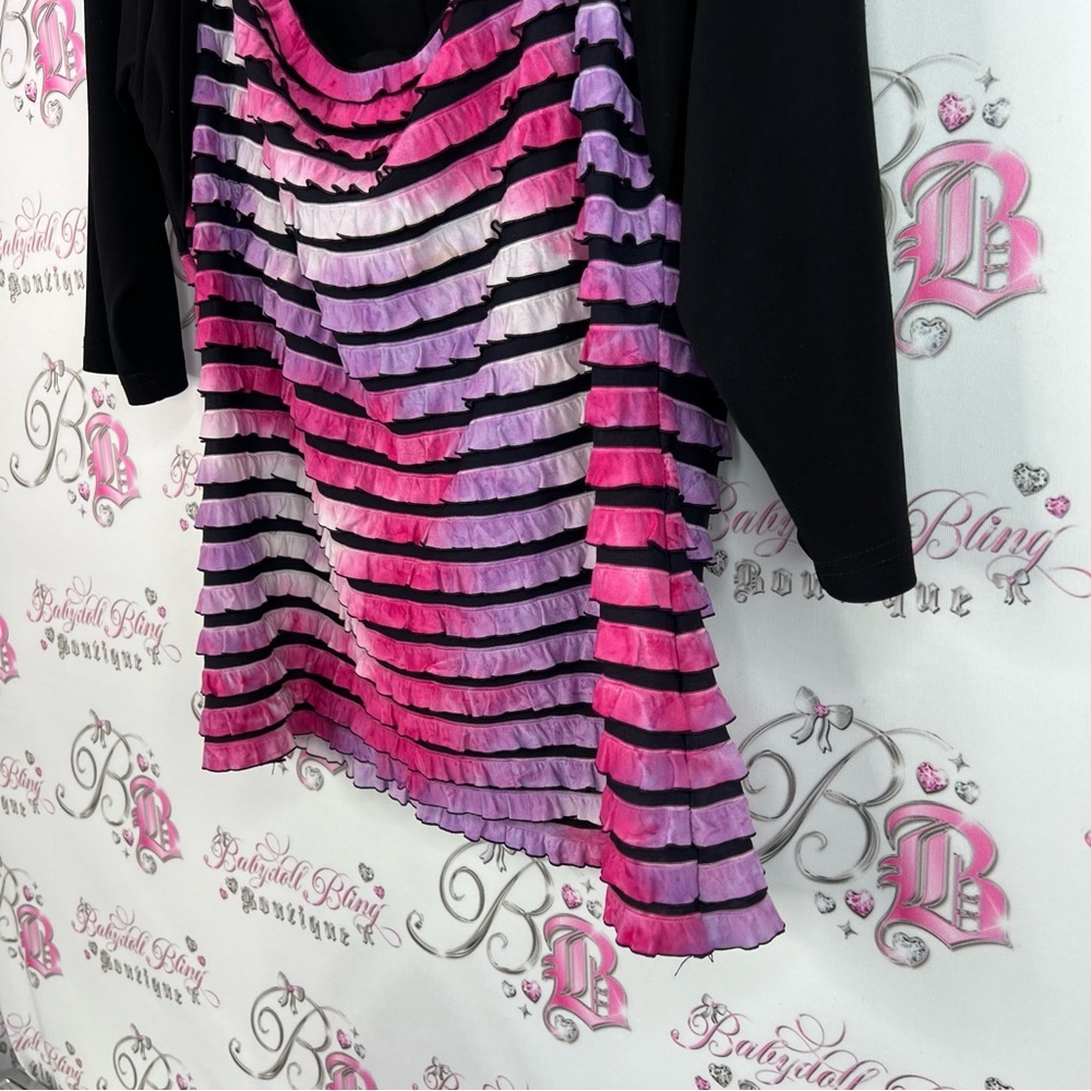 Bellissima long sleeve ruffle tiered ombrΓ© tie dye Black and Pink Striped Top - Picture 3 of 8